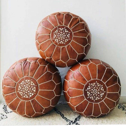 Handcrafted Moroccan Leather Pouf Ottoman: Brown